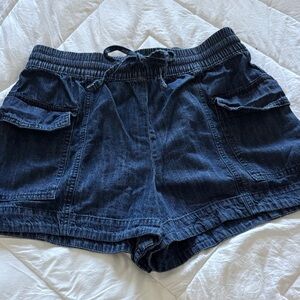 Women's Dark Blue Denim Cargo Shorts with Drawstring